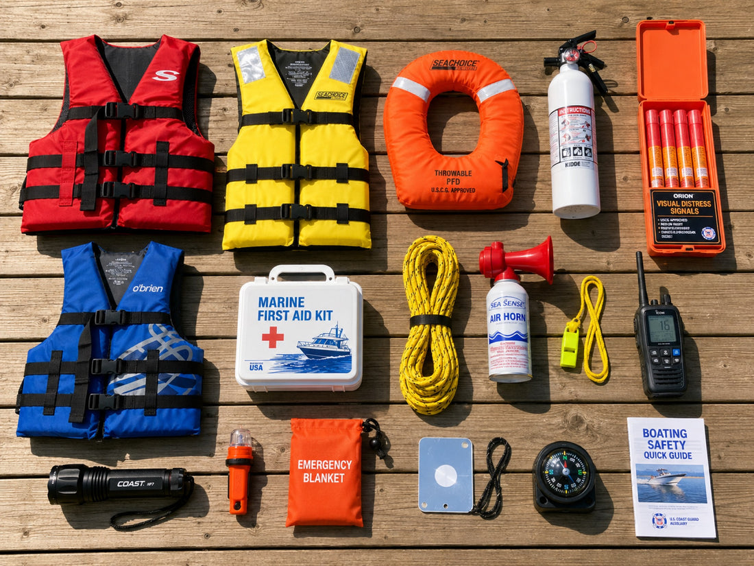 Boat safety equipment laid out for a Coast Guard checklist