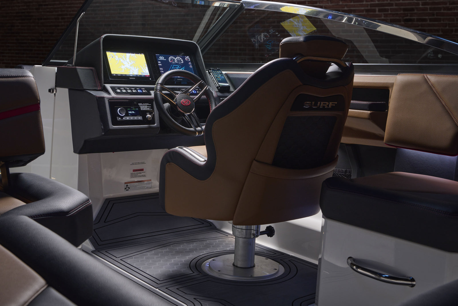 Boat interior with steering wheel and dashboard