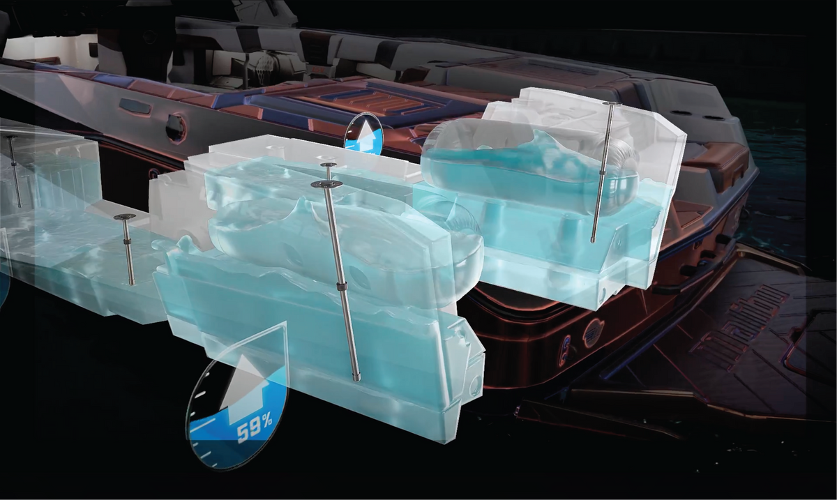 Cutaway diagram showing a boat's internal ballast tanks highlighted in blue