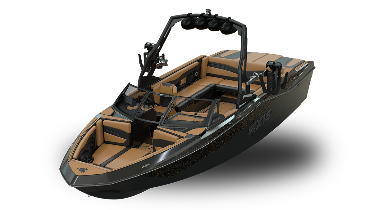 Black Axis wakeboat with tower and tan interior, studio render