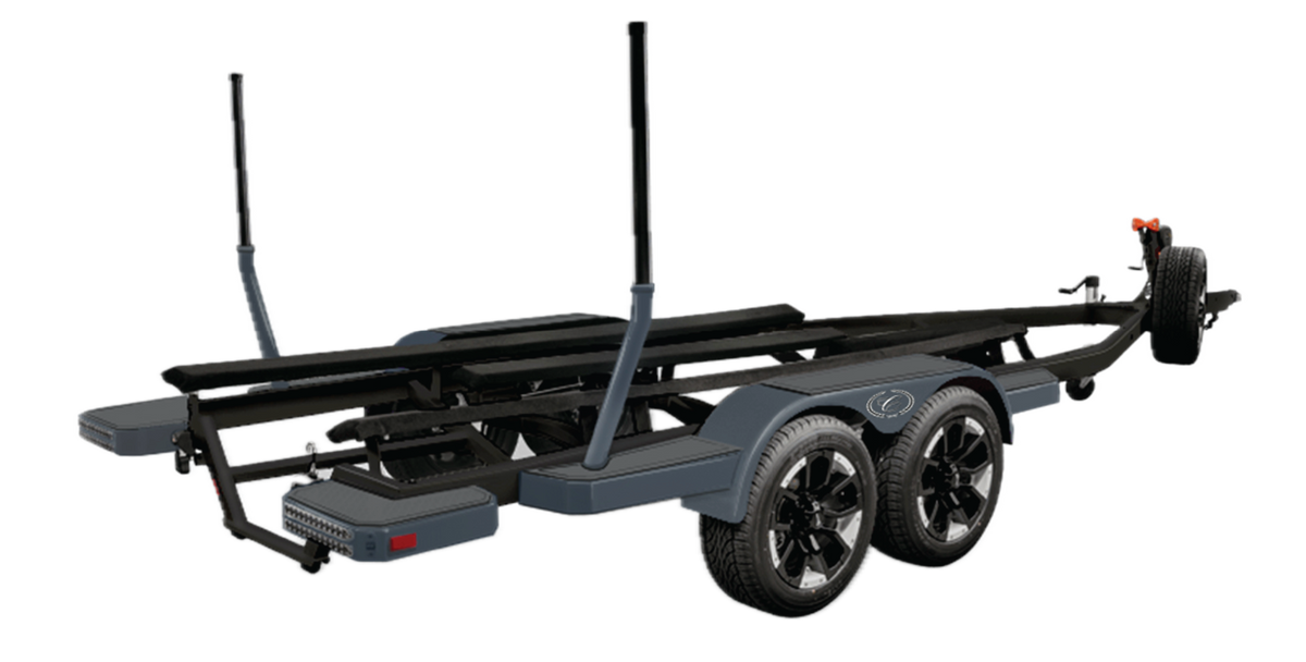 Gray tandem-axle boat trailer, studio render