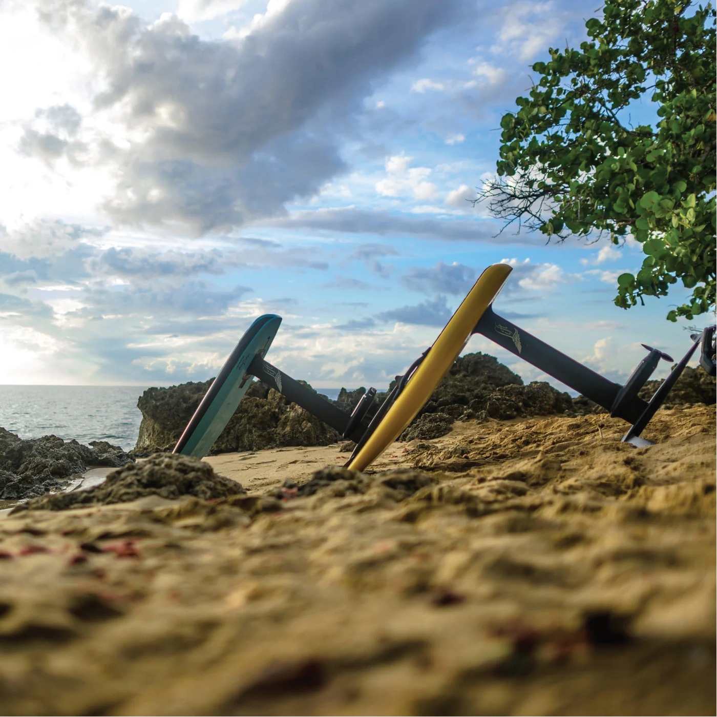 Two Lift e-foil boards standing upright in the sand on a beach