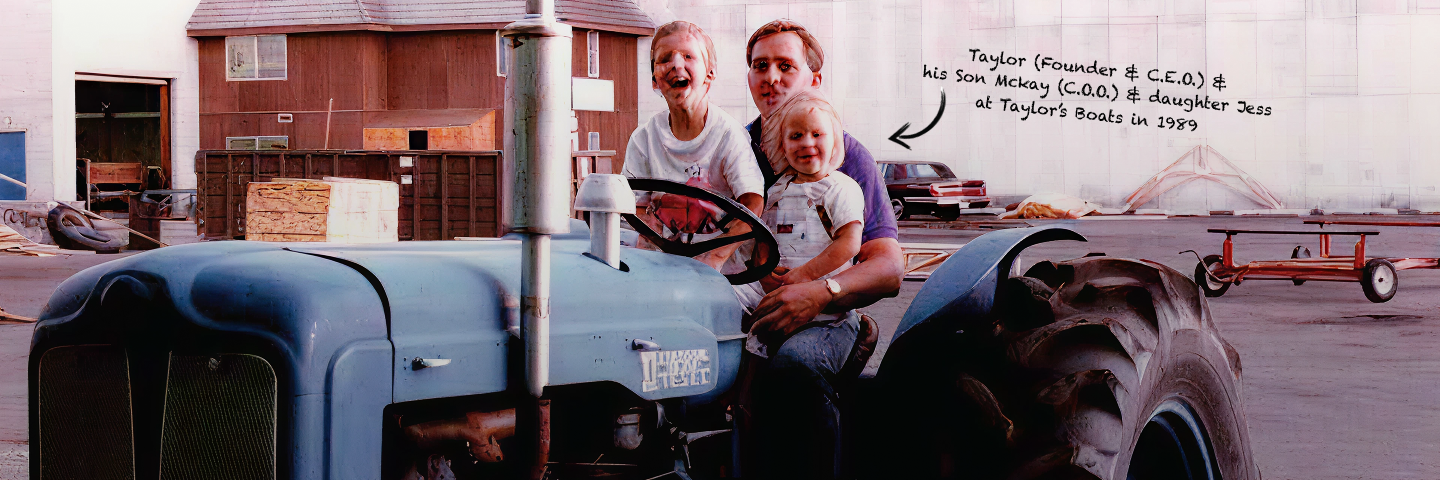 Vintage photo of the Taylor family on a tractor at the dealership