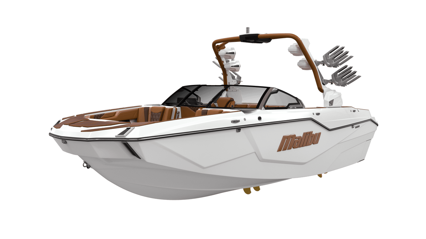 White Malibu wakeboard boat with tan interior and tower, studio view