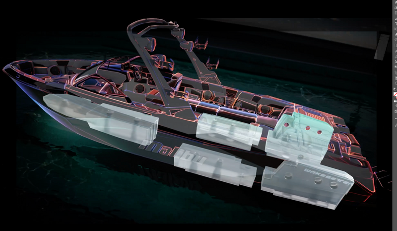 Digital wireframe rendering of a wakesurf boat hull showing internal ballast tanks