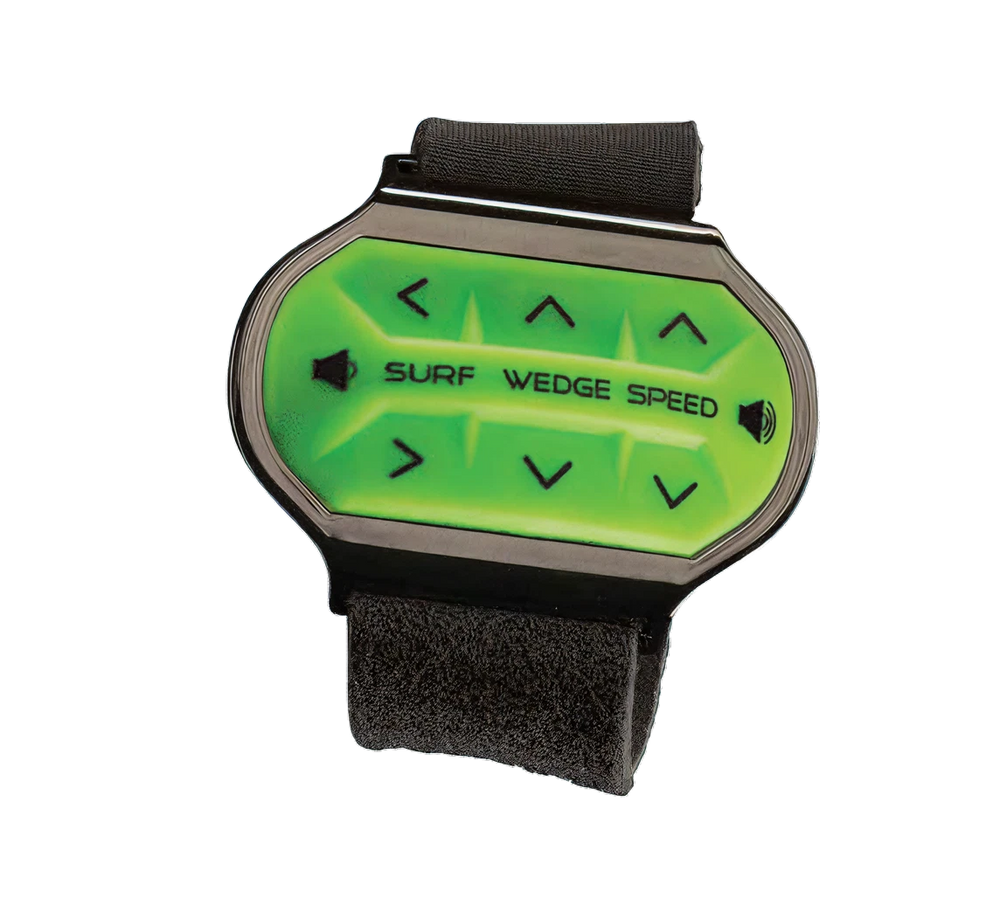 Green-screened Surf Band wrist remote with Surf, Wedge and Speed controls
