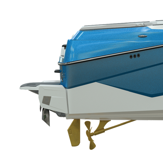 Rear quarter view of a blue and white Cobalt boat hull and swim platform