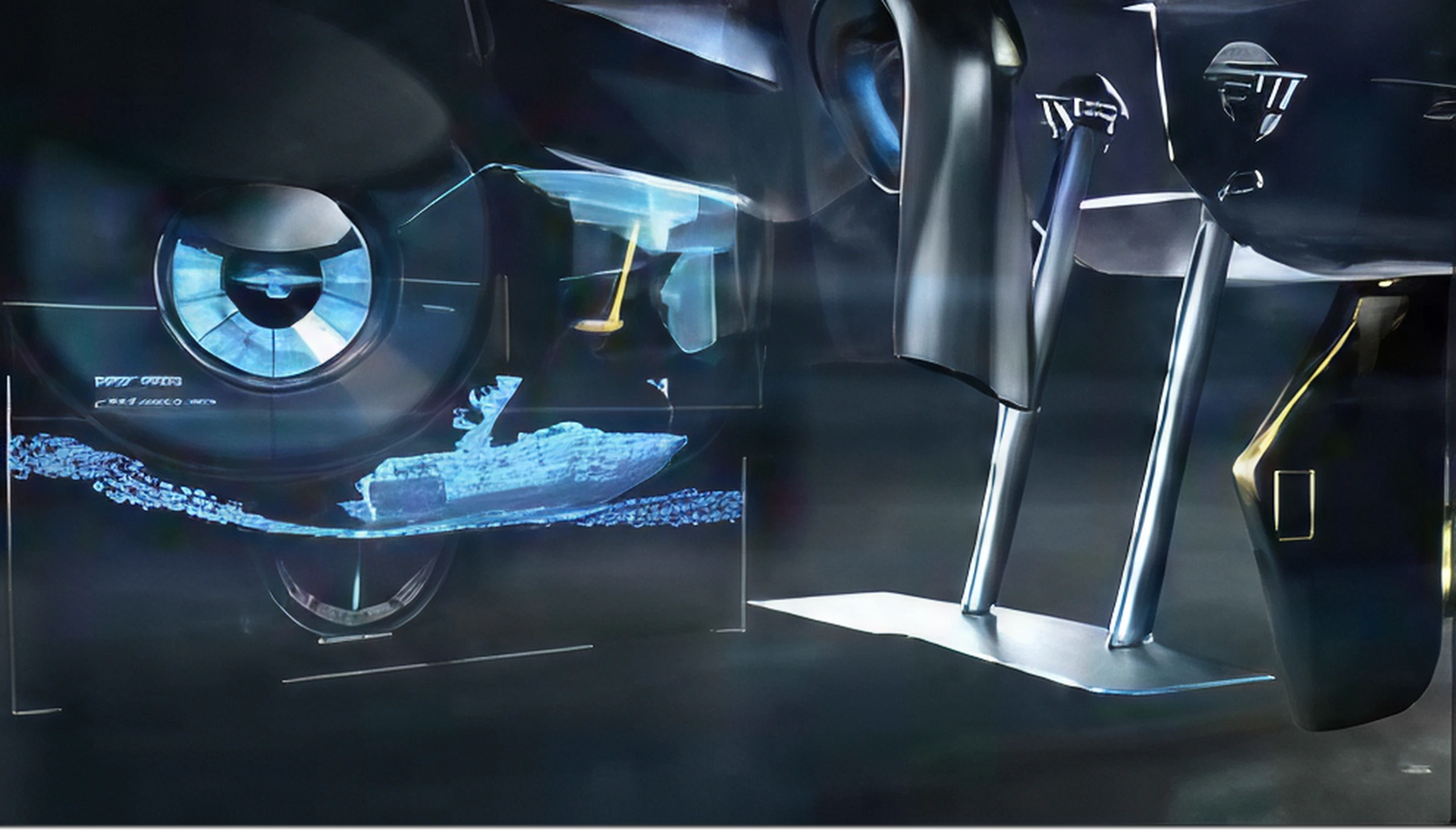 Rendering of a boat dashboard display showing surf wave settings and trim levers