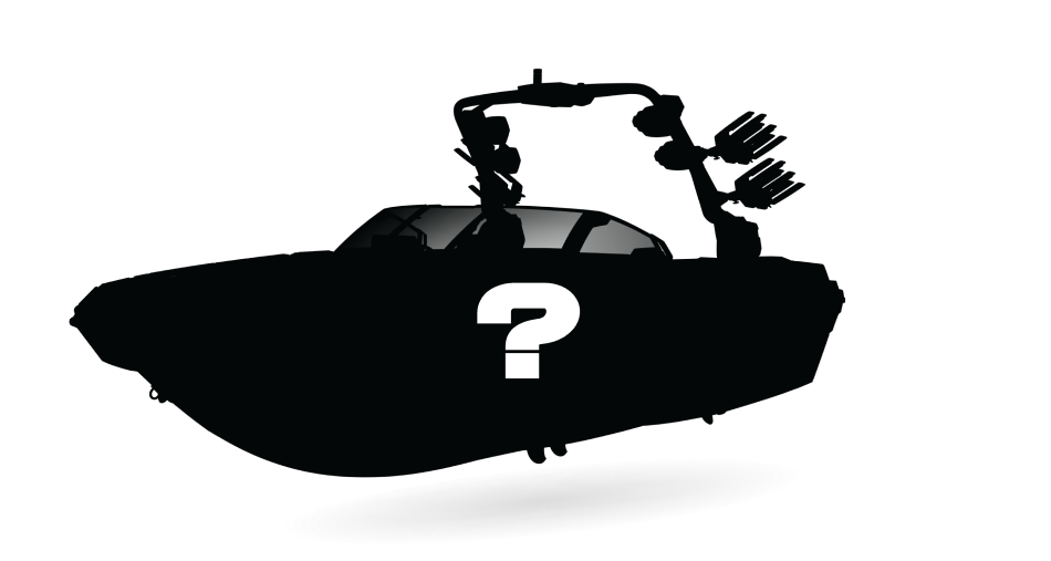 Black silhouette of a wakesurf boat with a white question mark